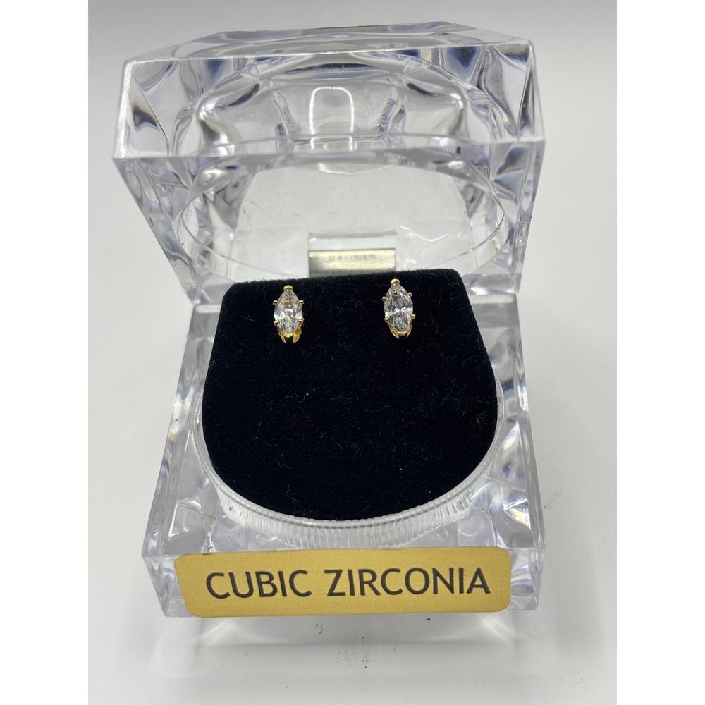 Marquise Cut Cubic Zirconia Stud Earrings Gold Tone Clear CZ Solitaire Studs